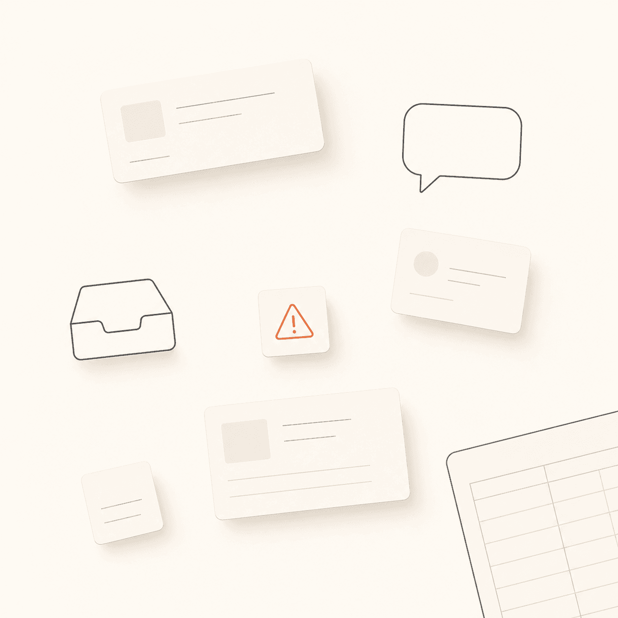 Scattered, disconnected pieces of work — a letter, a chat bubble, a contact card, an inbox tray, a warning, a spreadsheet