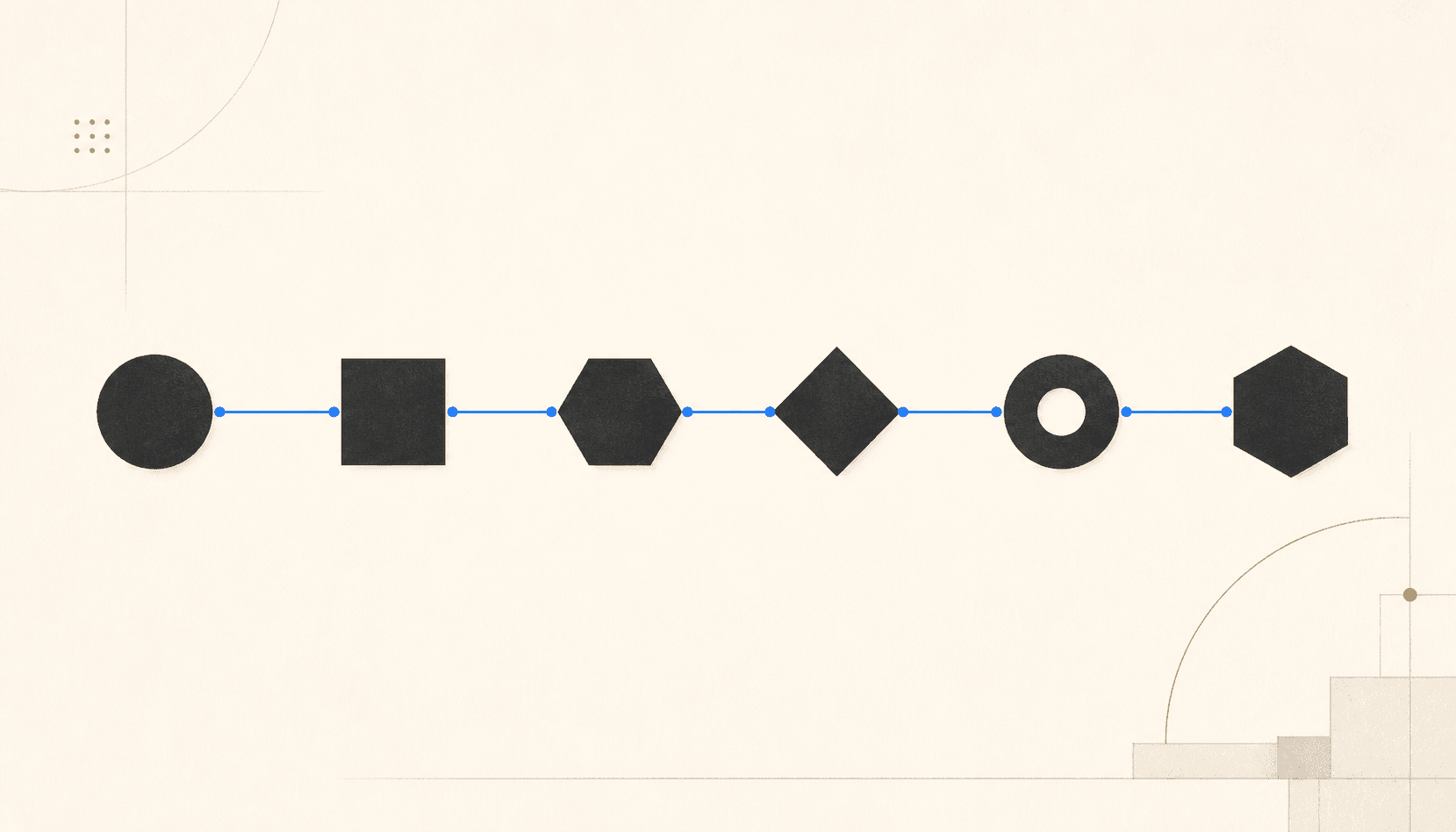 Six connected shapes representing the six stages of the Vireva process, from Listen to Test and Improve